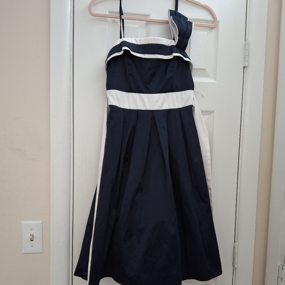 Navy and white strapless dress with a frilly top one shoulder size 4